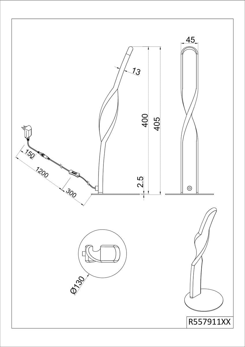 Lampa stołowa Ginko w kolorze białym, wykonana z materiałów o gładkiej fakturze. Ma smukły, zakrzywiony kształt, stojący na okrągłej podstawie. Wysokość 405 mm, szerokość 45 mm. Zasilana LED 10W, z widocznym kablem z włącznikiem.