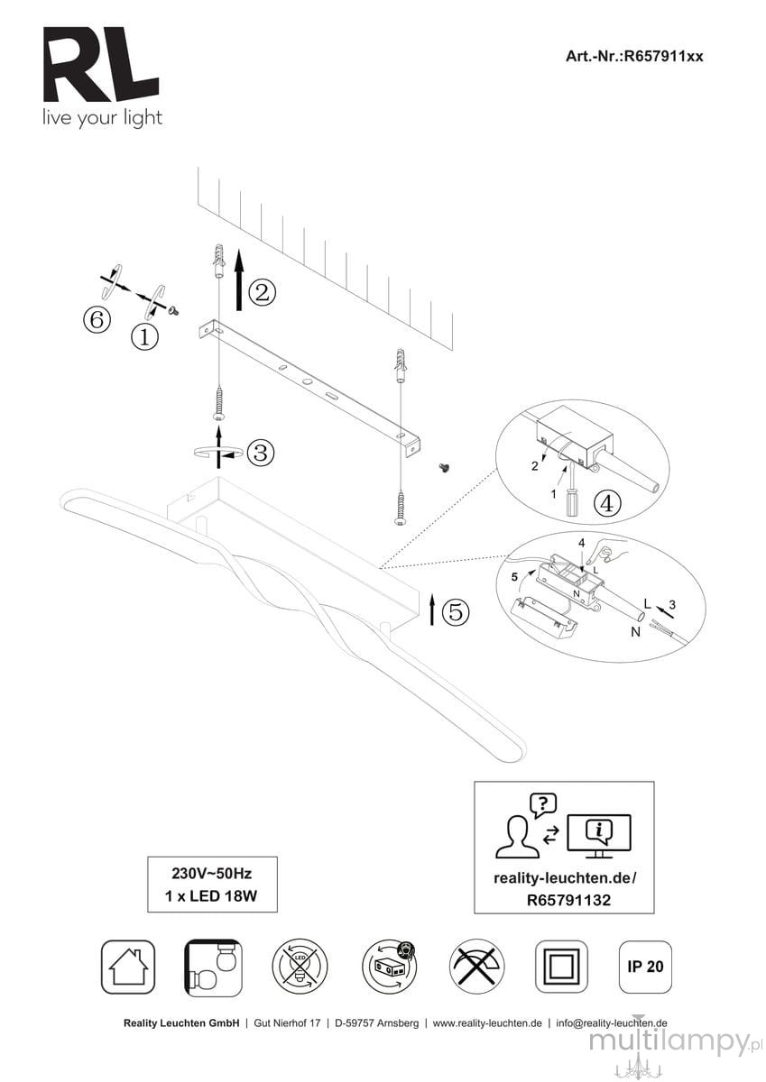 Lampa sufitowa Ginko, biała, z jedną diodą LED o mocy 18W. Zainstalowana w pozycji wiszącej, o falistym kształcie. Elementy montażowe oraz instrukcje instalacji widoczne na schemacie. Przeznaczona do użytku wewnętrznego, klasa IP20.