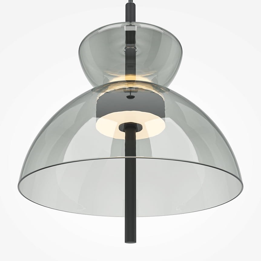 Lampa wisząca LED o mocy 12W w kolorze czarnym z szarym kloszem. Okrągły, szklany klosz z przezroczystego materiału, z centralnym źródłem światła. Ujęcie z dołu, ukazujące detale konstrukcji oraz estetykę lampy.