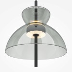 Lampa wisząca LED o mocy 12W w kolorze czarnym z szarym kloszem. Okrągły, szklany klosz z przezroczystego materiału, z centralnym źródłem światła. Ujęcie z dołu, ukazujące detale konstrukcji oraz estetykę lampy.