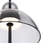 Lampa wisząca LED Bangkok o mocy 12W w kolorze czarnym i szarym. Posiada zaokrąglony klosz z połyskującego materiału oraz czarną metalową podstawę, widoczna żarówka w centralnej części. Ujęcie z bliska, pokazujące detale klosza.