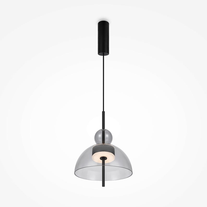 Czarna lampa wisząca LED Bangkok o mocy 12W, z szarym, półprzezroczystym kloszem w kształcie kopuły. Lampa zawieszona na cienkim przewodzie, z centralnym źródłem światła otoczonym przez dekoracyjny element. Prosta, nowoczesna forma.