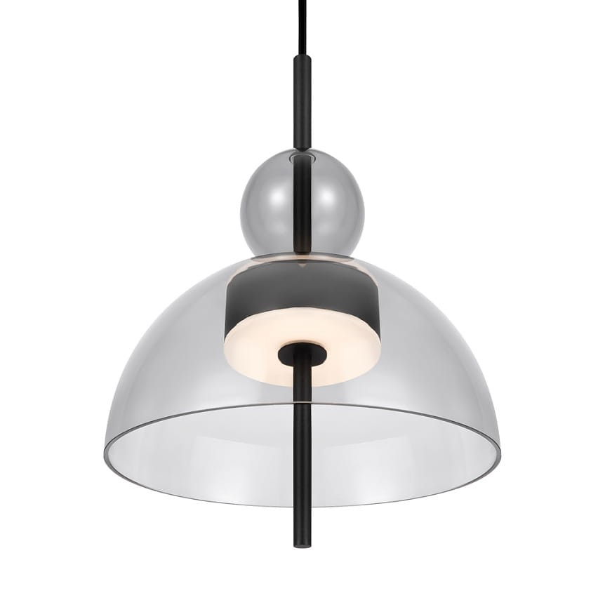 Lampa wisząca LED Bangkok o mocy 12W w kolorze czarnym z szarym, szklanym kloszem o półkulistym kształcie. Zawieszona na cienkim, czarnym przewodzie, z centralnym, okrągłym elementem świetlnym.