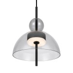Lampa wisząca LED Bangkok o mocy 12W w kolorze czarnym z szarym, szklanym kloszem o półkulistym kształcie. Zawieszona na cienkim, czarnym przewodzie, z centralnym, okrągłym elementem świetlnym.