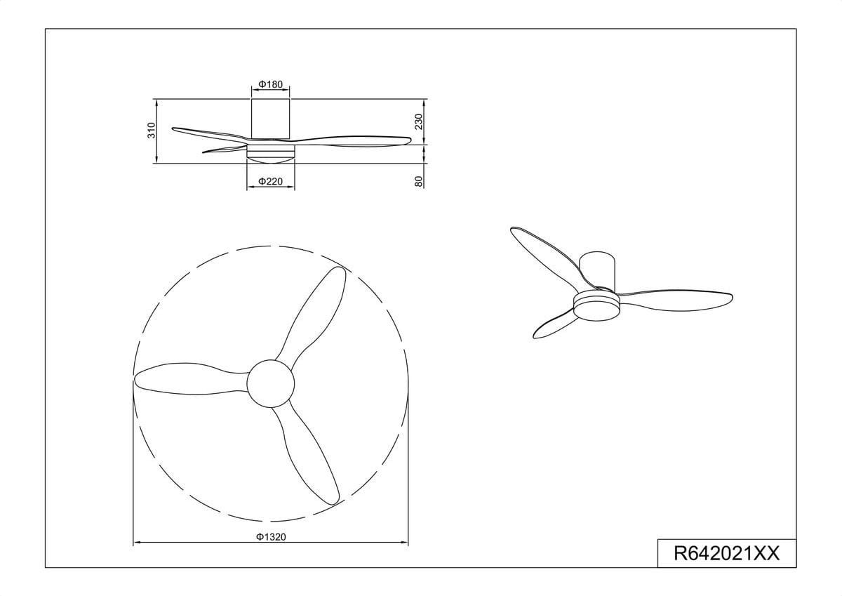Lampa sufitowa Göteborg z wentylatorem, kolor biały. Zawiera 1xLED 20W, zasilana pilotem. Pokazuje widok z góry i z boku, z trzema łopatkami wentylatora. Wymiary: średnica 1320 mm, wysokość 310 mm.