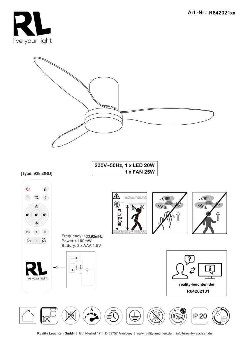 Czarna lampa sufitowa z wentylatorem, wyposażona w pilot. Posiada jedną diodę LED o mocy 20W oraz trzy skrzydła wentylatora. Produkt zamontowany na suficie, widok z boku, prezentujący detale konstrukcji i pilotu.