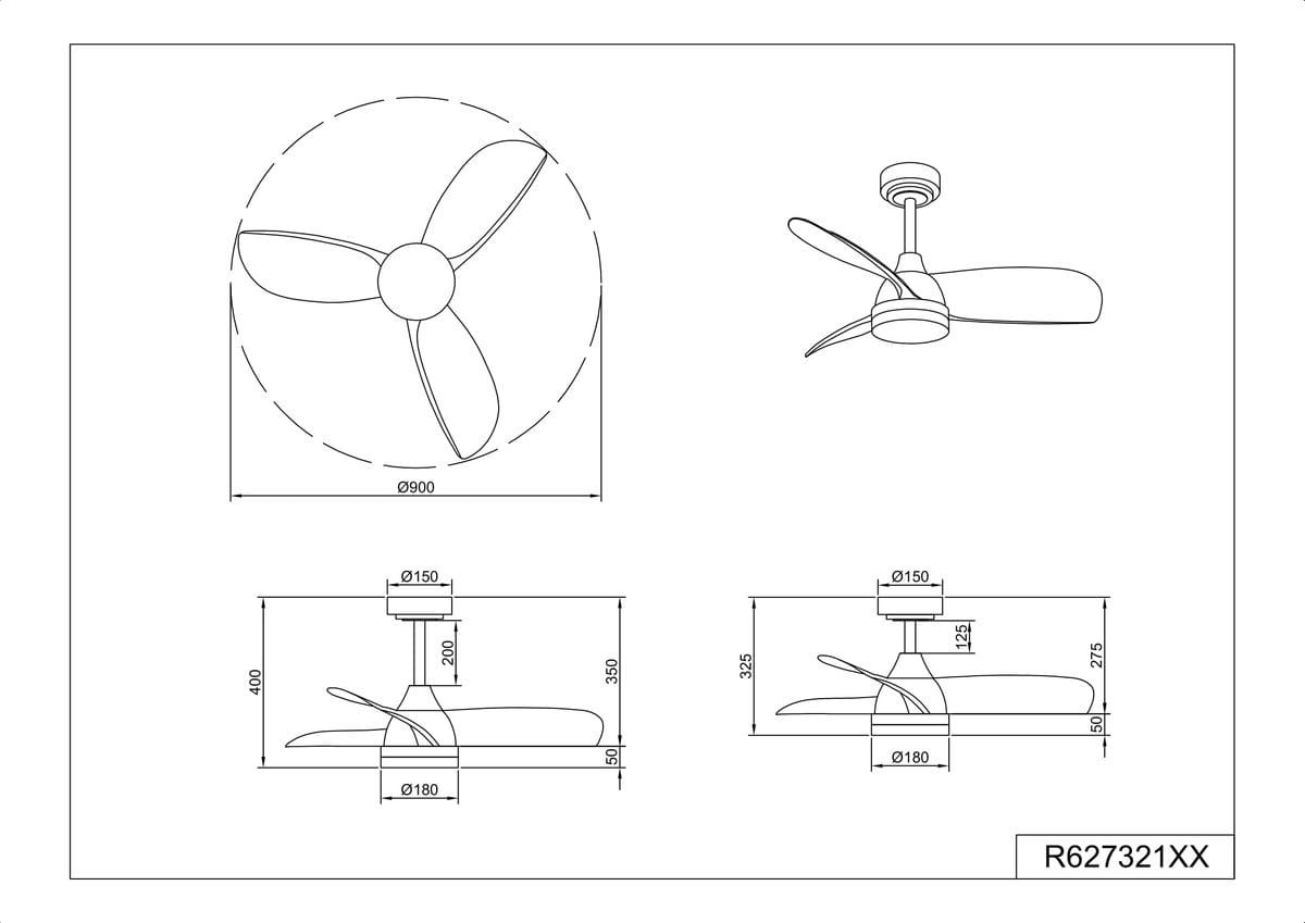 Helsinki lampa sufitowa z wentylatorem, biała, z pilotem. Średnica 90 cm, wysokość 40 cm. Trzy łopatki wentylatora o zaokrąglonym kształcie. Zainstalowane oświetlenie LED o mocy 20W. Widok z góry na wentylator i z boku na jego montaż.