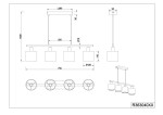 Lampa wisząca Jason z czterema oprawami E14, w kolorze czarnym i brązowym. Prosta konstrukcja z metalowym stelażem, cylindrycznymi kloszami o średnicy 12 cm. Ujęcie frontalne z wymiarami: długość 750 mm, wysokość 1500 mm.