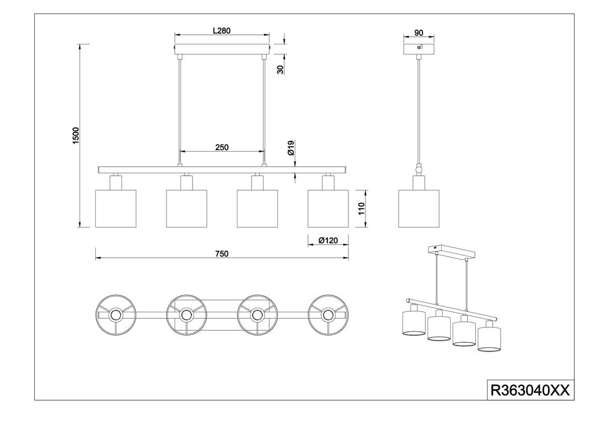 Czarna lampa wisząca Jason z czterema oprawami na żarówki E14, o prostokątnej podstawie i cylindrycznych kloszach. Wymiary: długość 750 mm, wysokość 1500 mm. Lampa zawieszona na regulowanych linkach.