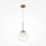 Lampa wisząca Basic form D20 z jedną oprawą G9 w złotej obudowie. Szklana kula w przezroczystym kolorze z wewnętrzną żarówką, zawieszona na cienkim, przezroczystym przewodzie. Prosty, nowoczesny design na jasnym tle.