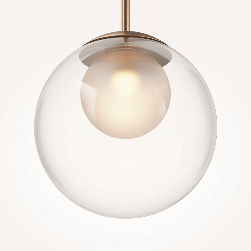 Lampa wisząca Basic form D20 z jedną żarówką G9, złota oprawa z przezroczystym, okrągłym kloszem. Widok z góry, ukazujący źródło światła wewnątrz klosza. Prosta, nowoczesna forma, idealna do różnych wnętrz.