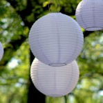 Lampa wisząca solarna Origami D20 w kształcie białej, okrągłej latarni z delikatnymi, poziomymi żłobieniami. Zawieszona w zielonym otoczeniu, tworzy nastrojową atmosferę. Widoczne elementy montażowe na górze.
