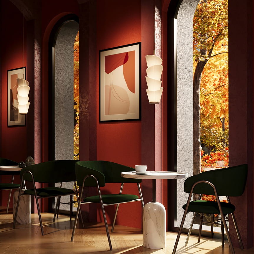 Lampa wisząca LED Seoul o mocy 14W w białym kolorze, umieszczona w nowoczesnej aranżacji. Widoczna w przestrzeni z czerwonymi ścianami, obok stolika i zielonych krzeseł, z oknami ukazującymi jesienne liście.