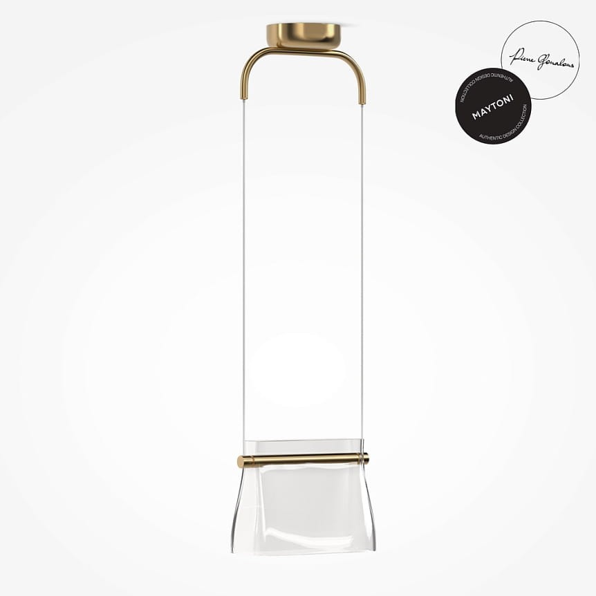 Lampa wisząca LED Cabaret 8W w mosiężnym wykończeniu. Szklany klosz o prostym kształcie, zawieszony na cienkich żyłkach. Ujęcie frontalne, jasne tło, podkreślające elegancki design.