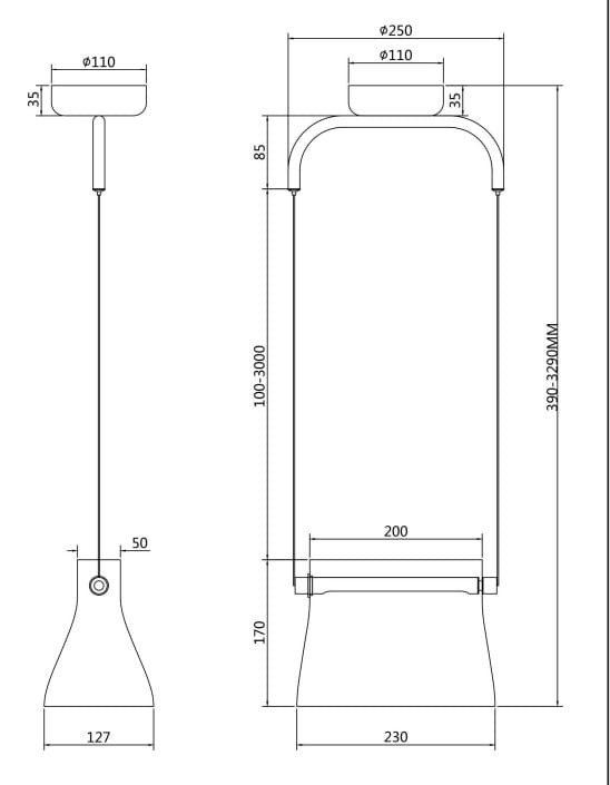 Lampa wisząca LED Cabaret o mocy 8W w kolorze mosiądzu. Ujęcie z boku, pokazujące kształt o wysokości 170 mm i szerokości 250 mm. Zawieszenie na cienkim przewodzie, okrągła podsufitka o średnicy 110 mm. Prosty, nowoczesny design.