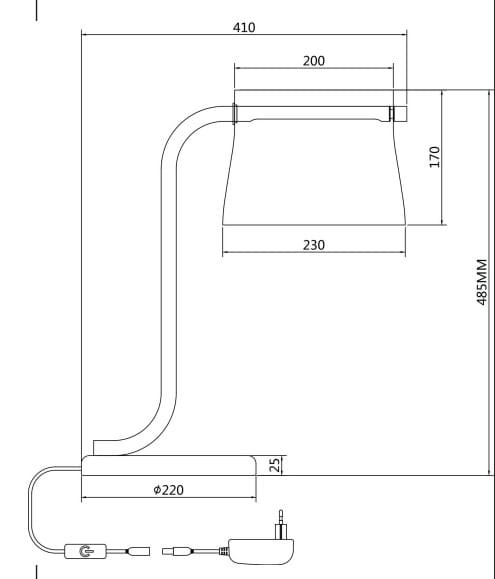 Lampa stołowa LED Cabaret o mocy 8W w kolorze mosiądzu. Zgięta podstawa, klosz o średnicy 220 mm, wysokość 485 mm. Kabel zasilający z wtyczką widoczny po lewej stronie. Wymiary: 410 mm szerokości, 200 mm głębokości, 170 mm wysokości klosza.