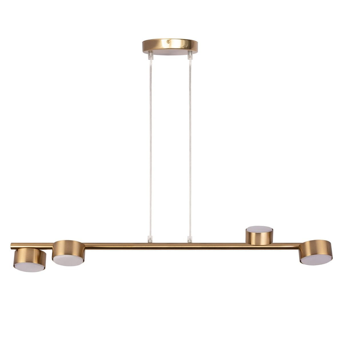 Lampa wisząca Punto 4xGX53 w kolorze złotym, składająca się z prostokątnego metalowego elementu z czterema okrągłymi punktami świetlnymi. Wisi na przezroczystych linkach z sufitu, prezentując nowoczesny design.