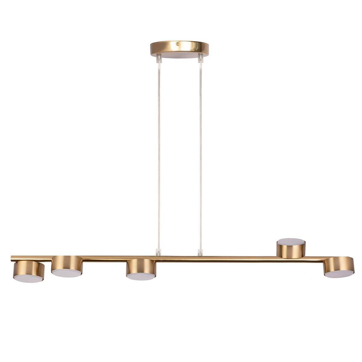 Lampa wisząca Punto 5xGX53 w kolorze złotym, z prostokątnym metalowym korpusem i pięcioma okrągłymi kloszami. Zawieszona na dwóch przezroczystych linkach, z okrągłym mocowaniem sufitowym. Idealna do nowoczesnych wnętrz.
