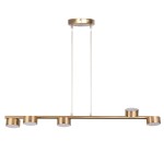 Lampa wisząca Punto 5xGX53 w kolorze złotym, z prostokątnym metalowym korpusem i pięcioma okrągłymi kloszami. Zawieszona na dwóch przezroczystych linkach, z okrągłym mocowaniem sufitowym. Idealna do nowoczesnych wnętrz.