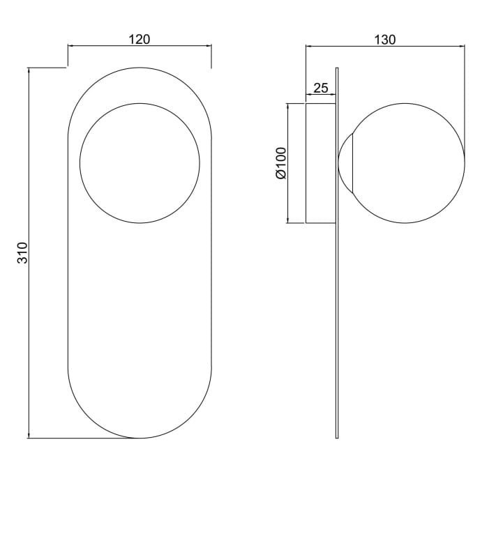 Kinkiet Bao 1xG9 w czarnym kolorze o wymiarach 310 mm wysokości, 130 mm szerokości i 25 mm głębokości. Owalna podstawka z okrągłym kloszem o średnicy 100 mm, zamontowany w pozycji pionowej, na gładkim tle.