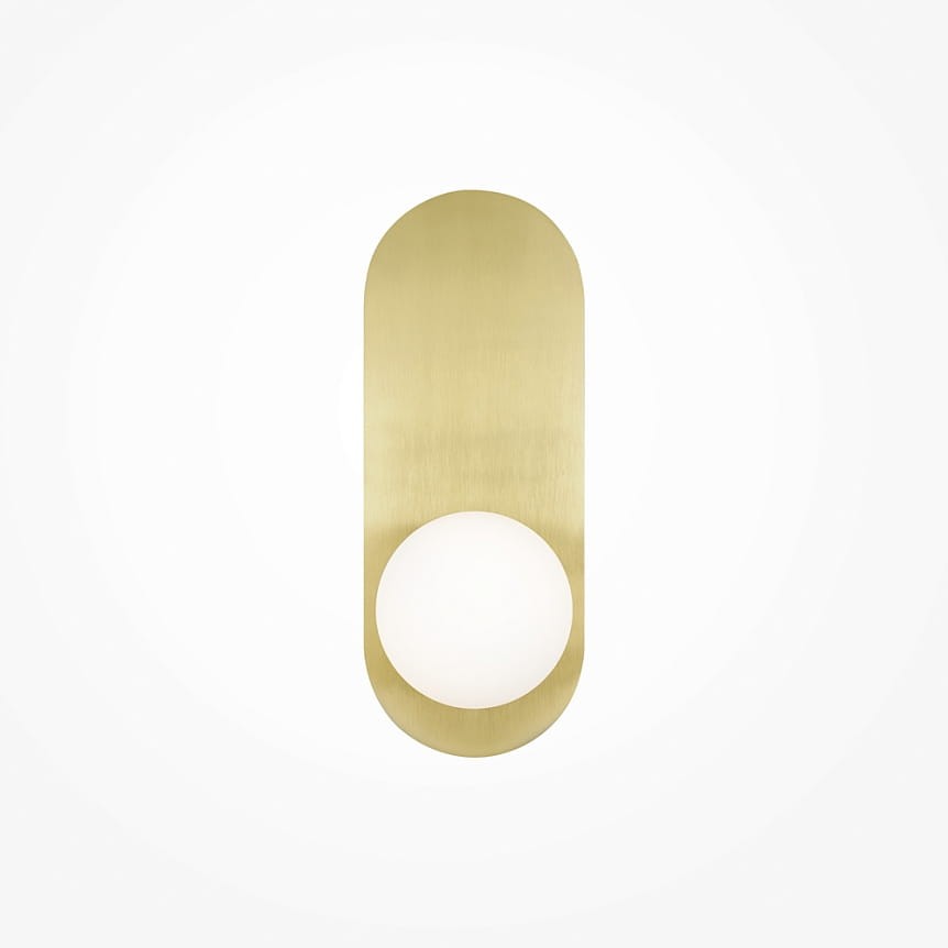 Kinkiet Bao MOD419WL-01G w kolorze złotym, o prostokątnym kształcie z zaokrąglonymi krawędziami. Posiada białą, okrągłą część z tworzywa, umieszczoną w dolnej części. Montowany na ścianie, na jednolitym, jasnym tle.