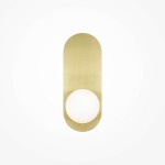 Kinkiet Bao MOD419WL-01G w kolorze złotym, o prostokątnym kształcie z zaokrąglonymi krawędziami. Posiada białą, okrągłą część z tworzywa, umieszczoną w dolnej części. Montowany na ścianie, na jednolitym, jasnym tle.