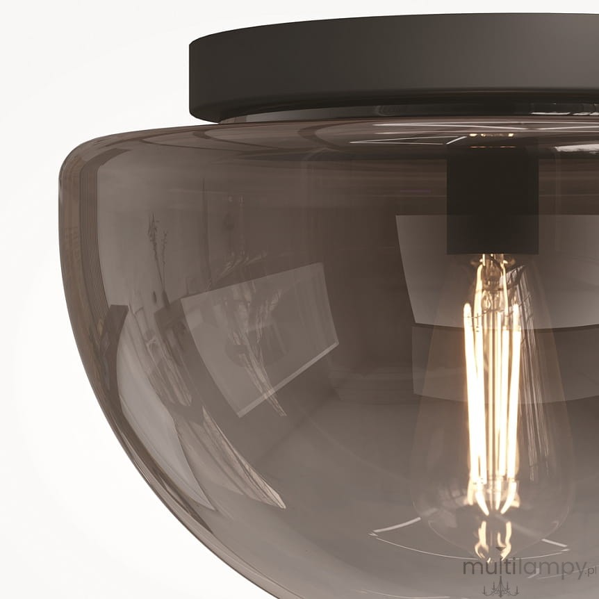 Czarna lampa sufitowa Glassy z dymionym kloszem, z oprawą na żarówkę E27. Widok z góry, ukazujący detal klosza oraz widoczną żarówkę, z minimalistycznym designem, idealna do nowoczesnych wnętrz.