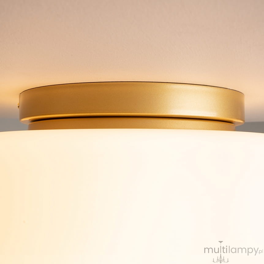 Lampa sufitowa Glassy 1xE27 w kolorze złotym z białym kloszem. Ujęcie z bliska, ukazujące złoty uchwyt montażowy oraz gładką, matową powierzchnię klosza. Idealna do nowoczesnych wnętrz.