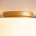 Lampa sufitowa Glassy 1xE27 w kolorze złotym z białym kloszem. Ujęcie z bliska, ukazujące złoty uchwyt montażowy oraz gładką, matową powierzchnię klosza. Idealna do nowoczesnych wnętrz.