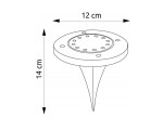Srebrna lampa solarna ogrodowa Terra, wbijana, o średnicy 12 cm i wysokości 14 cm. Posiada okrągły kształt z widocznymi otworami na diody LED. Zastosowanie: oświetlenie ścieżek lub ogrodów.