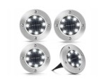 Zestaw 4 sztuk lamp solarnych ogrodowych Terra, wbijanych, o okrągłym kształcie, srebrnej obudowie z widocznymi diodami LED. Lampa ma możliwość montażu w ziemi, idealna do oświetlenia ścieżek lub ogrodów.