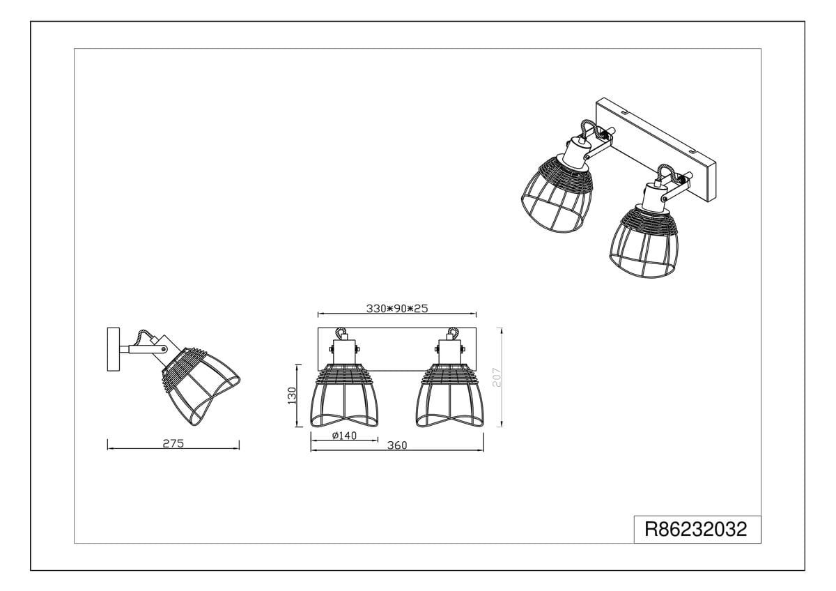 Lampa sufitowa Jarome z dwoma reflektorami, kolor czarny z naturalnymi akcentami. Reflektory w kształcie stożka, montowane na prostokątnej podstawie. Wymiary: długość 330 mm, wysokość 207 mm, średnica reflektora 140 mm.