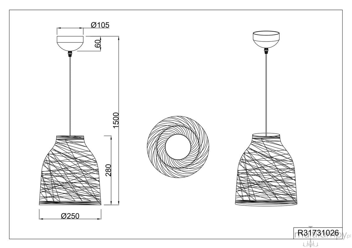 Lampa wisząca Joeline z oprawą na 1 żarówkę E27, w kolorze czarnym i brązowym. Okrągła, ażurowa konstrukcja o średnicy 25 cm i wysokości 28 cm, zawieszona na linkach o długości 150 cm. Widok z boku oraz z góry, z wymiarami.