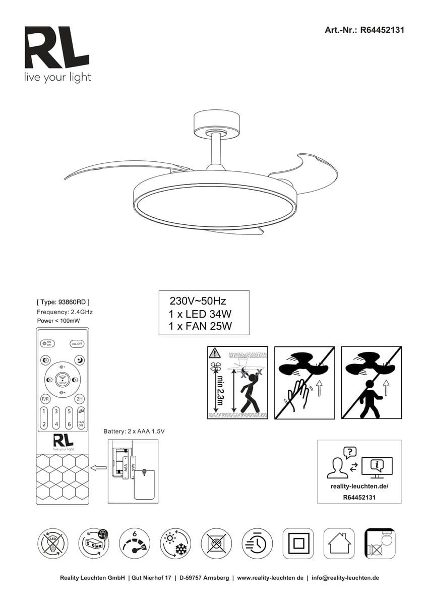 Lampa sufitowa Kasfjord z wentylatorem w kolorze białym, z okrągłym kloszem LED o mocy 34W. Wyposażona w pilot zdalnego sterowania. Widok z boku, ukazuje wentylator z dwoma skrzydłami. Wymiary i szczegóły techniczne na etykiecie.