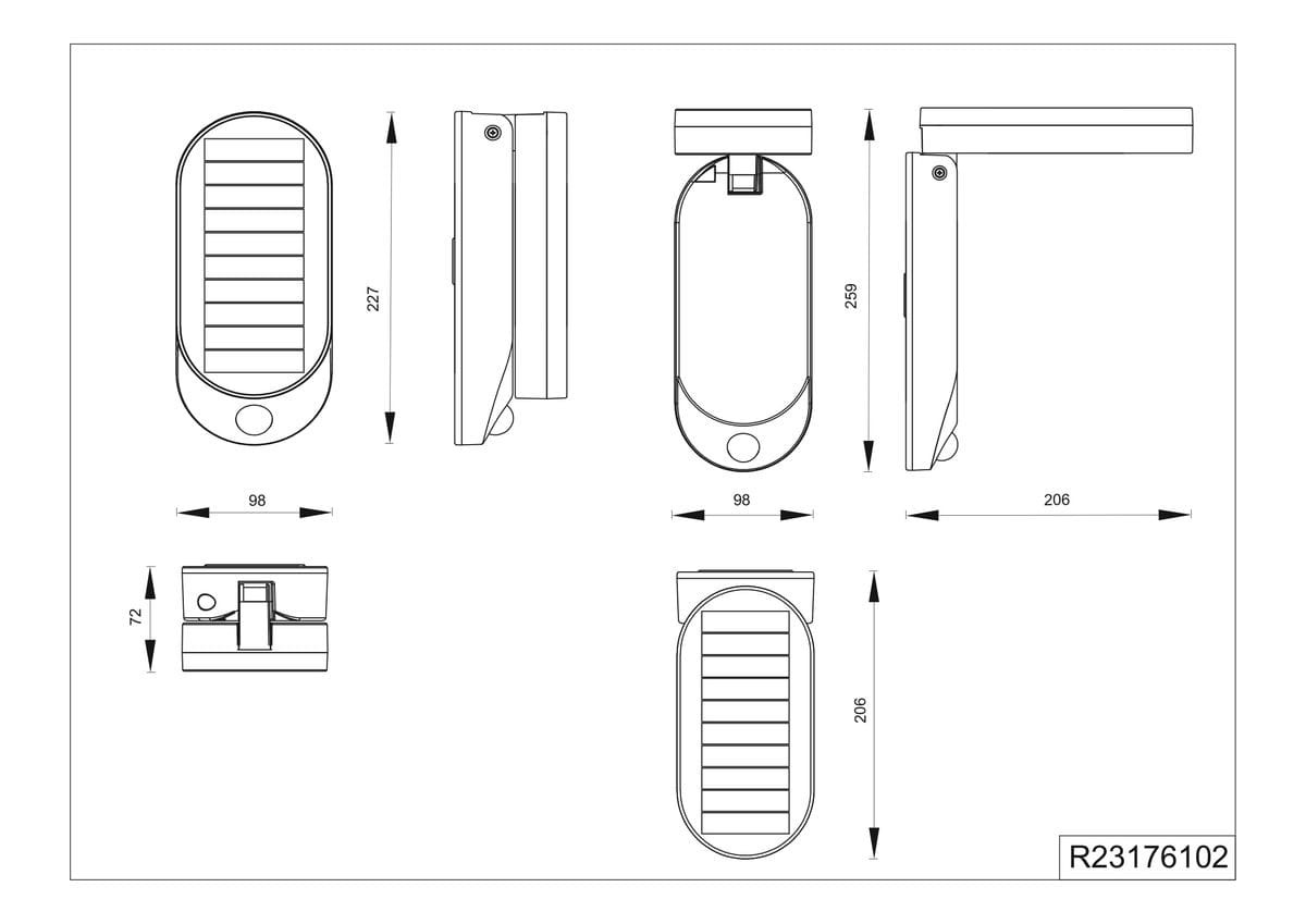 Czarny kinkiet zewnętrzny Lagoas z czujnikiem ruchu i zmierzchu, z jedną diodą LED 3W, IP44. Widok frontalny z wymiarami: 227 mm wysokości, 98 mm szerokości, 72 mm głębokości. Prosty, ergonomiczny kształt, z panelem solarnym na górze.