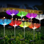 Dmuchawiec RGB, zestaw 2 lamp solarnych ogrodowych, wbijanych, z różnokolorowymi kwiatami LED. Ukazany w nocy na tle trawnika, z widocznymi efektami świetlnymi w odcieniach różu, zieleni, niebieskiego, czerwieni i żółci.