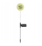 Lampa solarna ogrodowa Mniszek H74 z wbijanym stelażem. Główka w kształcie dmuchawca w odcieniach żółtego i białego. Wbudowany panel słoneczny z czarną obudową. Produkt ustawiony w pozycji pionowej.