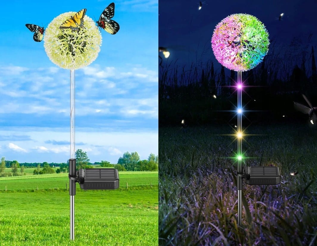Lampa solarna ogrodowa Mniszek z LED, w kształcie kwiatu, wbijana w ziemię. Biała główka z kolorowymi diodami, metalowy stelaż. Widoczny panel solarny, używana na zewnątrz w dzień i w nocy, tworzy efektowne podświetlenie.