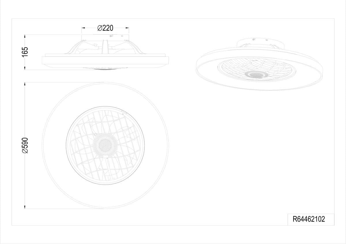 Czarna lampa sufitowa Linkoping z wentylatorem, pilotem oraz źródłem światła LED 45W, o średnicy 590 mm. Widok z góry, pokazujący okrągły kształt i otwór wentylacyjny w centralnej części. Wymiary: wysokość 165 mm, średnica wentylatora 220 mm.