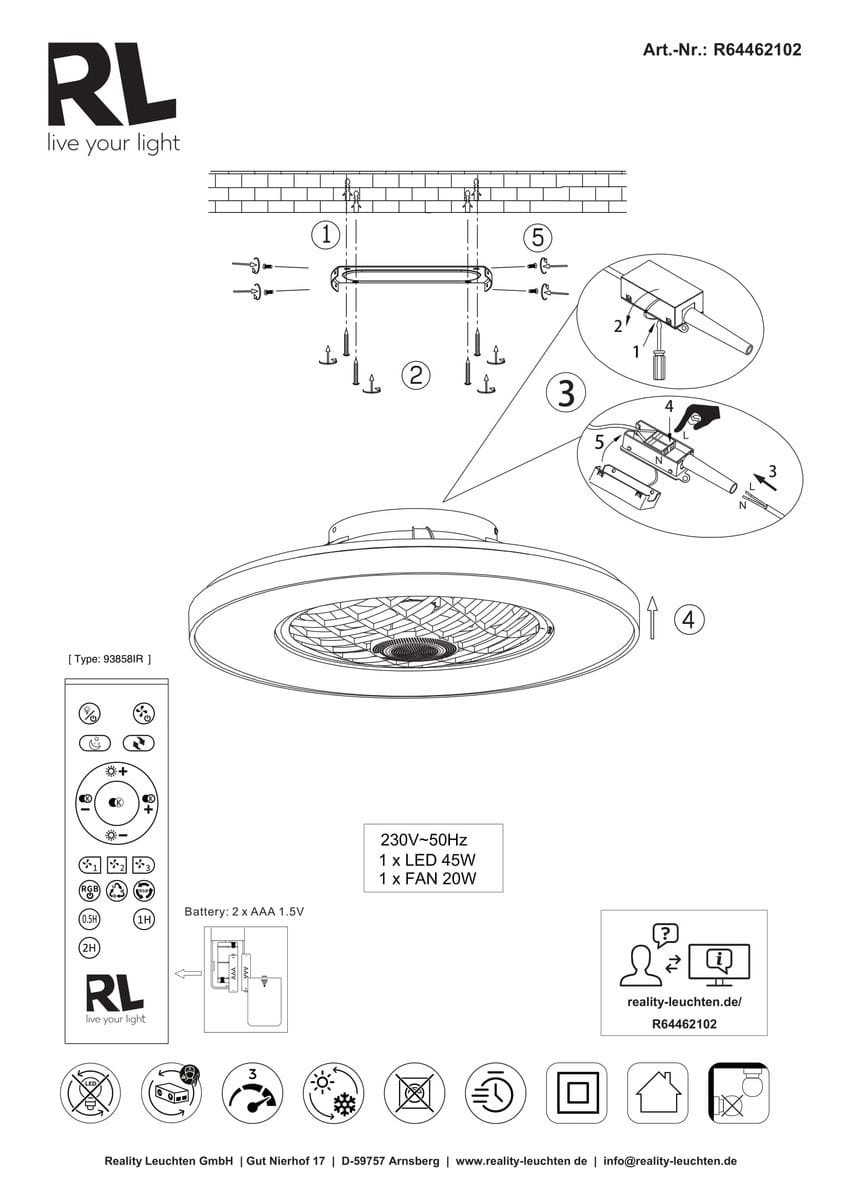 Lampa sufitowa Linkoping z wentylatorem, czarna, z pilotem. Posiada jedno źródło światła LED o mocy 45W oraz wentylator 20W. Okrągły kształt z siatkowym wzorem na spodzie. Funkcje RGBW umożliwiają zmianę kolorów.