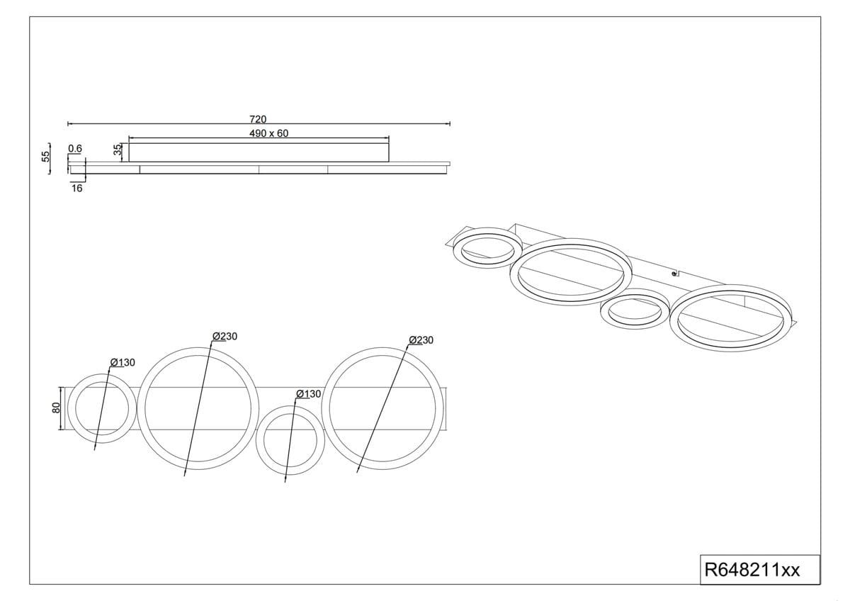 Lampa sufitowa Lumos w kolorze chromu z czterema okrągłymi kloszami LED, o średnicach 130 mm i 230 mm. Wymiary: 720 mm długości, 60 mm wysokości. Źródło światła 26,5W, temperatura barwowa 4000K. Montaż sufitowy, układ poziomy.