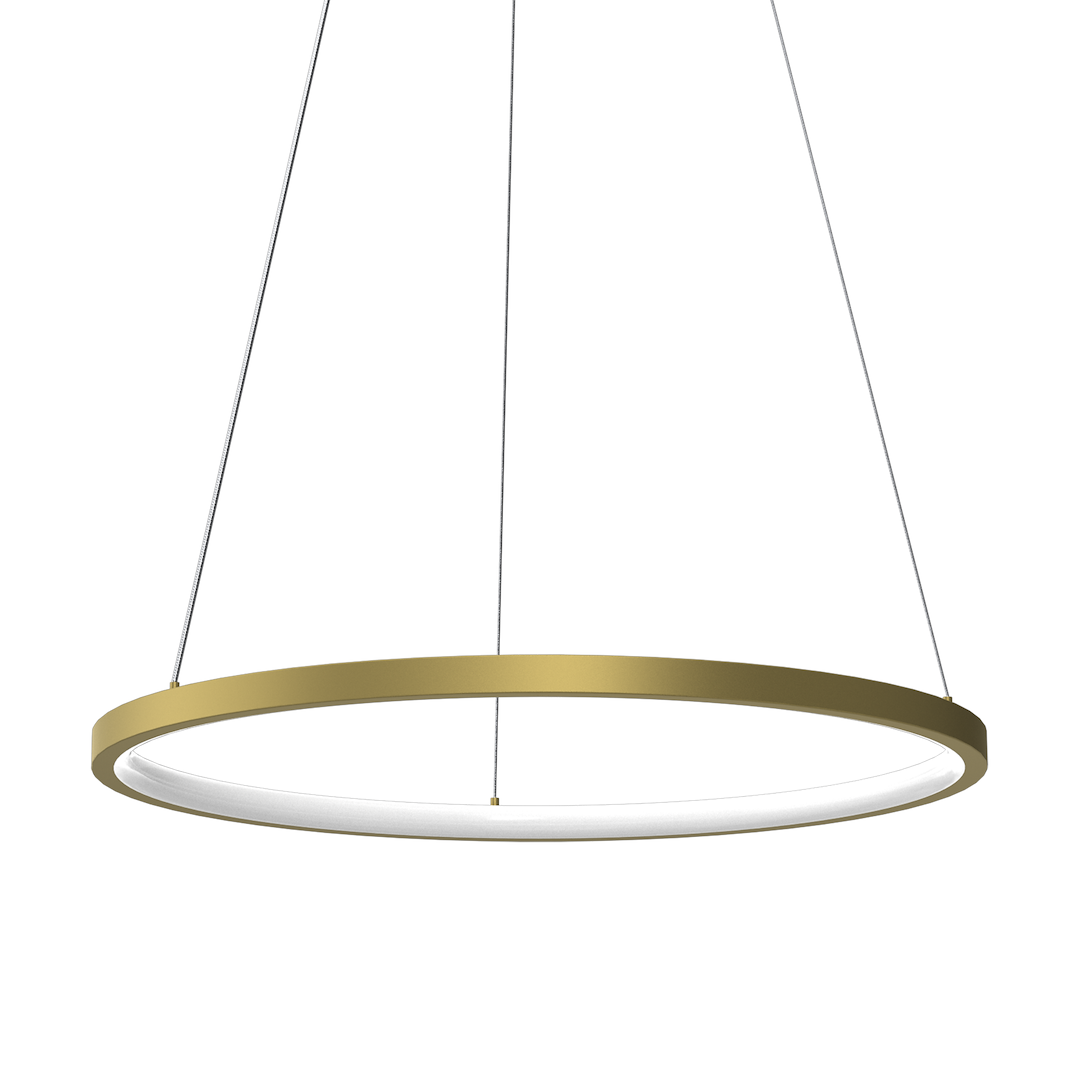 Lampa wisząca LED o mocy 27W, w złotej oprawie. Okrągły kształt z białym kloszem, zawieszona na cienkich stalowych linkach. Minimalistyczny design, idealna do nowoczesnych wnętrz.