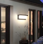 Czarny kinkiet elewacyjny Vasco LED z czujnikiem ruchu i zmierzchu, zamontowany na ścianie budynku. Oświetlenie emituje miękkie światło, otoczone przez roślinność w donicy na ziemi, w tle widoczne okna.