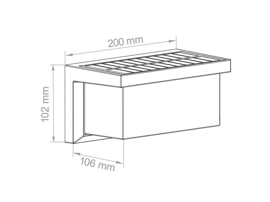 Vasco LED kinkiet elewacyjny solarny z czujnikiem ruchu i zmierzchu w kolorze czarnym, o wymiarach 200 mm x 102 mm x 106 mm, z prostokątną obudową i szczelinowym wzorem na górnej części. Produkt montowany na ścianie.