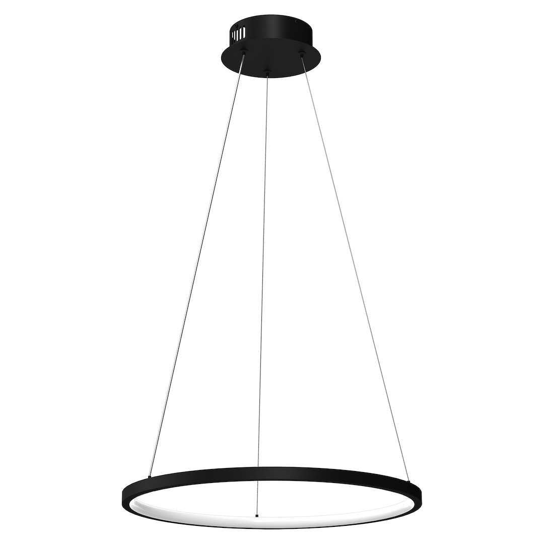 Czarna lampa wisząca LED o mocy 27W, w kształcie okręgu, zawieszona na dwóch cienkich linkach. Posiada minimalistyczny design, z metalowym mocowaniem sufitowym. Źródło światła otoczone jest białym kloszem, co zapewnia równomierne oświetlenie.