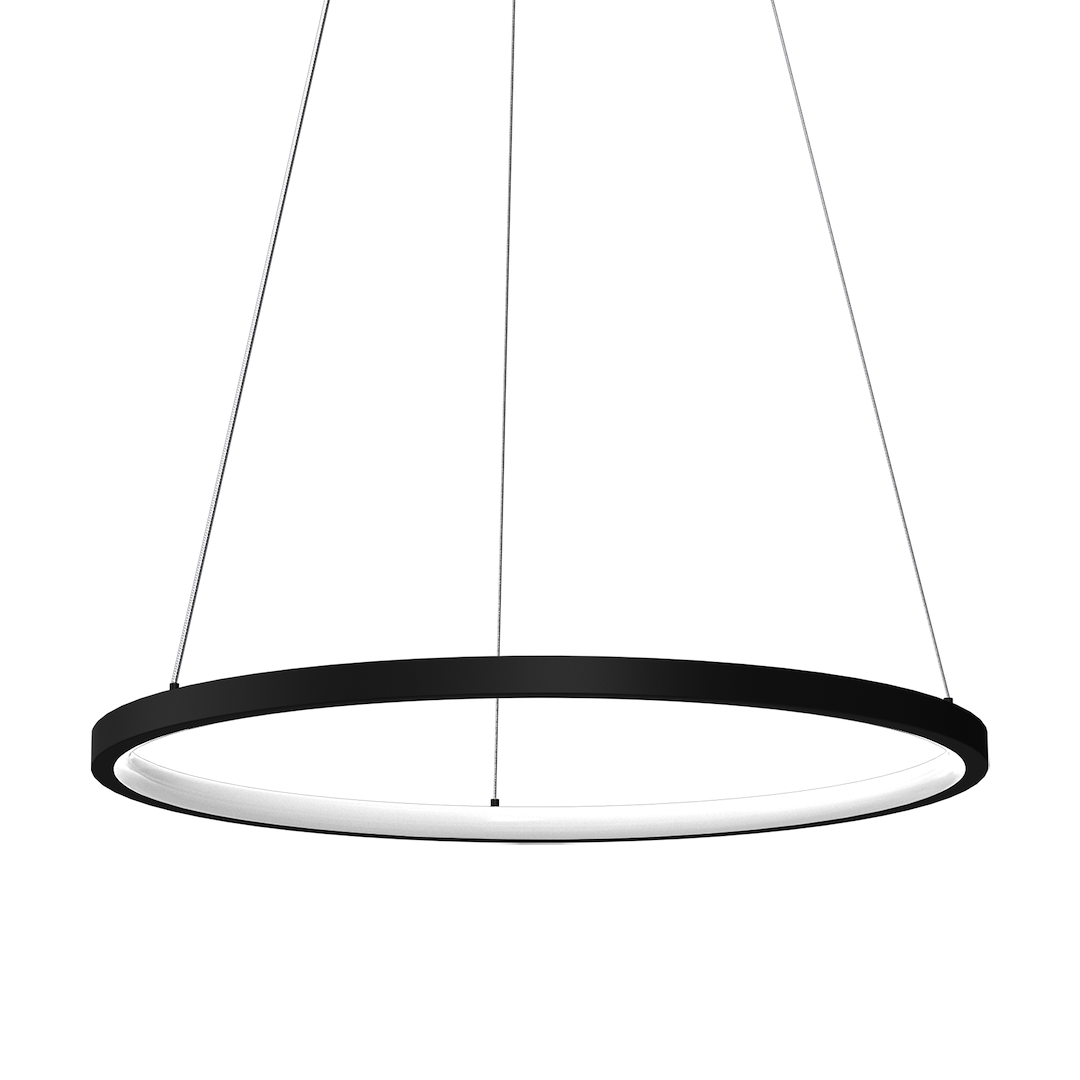 Lampa wisząca LED o mocy 27W w kolorze czarnym, w formie okręgu. Zawieszona na cienkich linkach, z białym źródłem światła w centralnej części. Prosty, nowoczesny design, idealna do wnętrz.