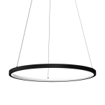 Lampa wisząca LED o mocy 27W w kolorze czarnym, w formie okręgu. Zawieszona na cienkich linkach, z białym źródłem światła w centralnej części. Prosty, nowoczesny design, idealna do wnętrz.