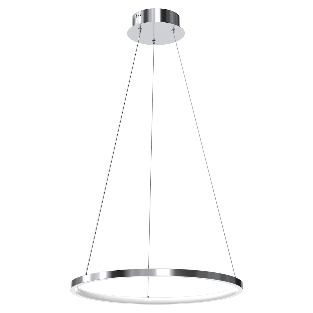 Lampa wisząca LED Hoop o mocy 27W w chromowanej obudowie. Posiada okrągły, płaski klosz z białym światłem, zawieszona na cienkich żyłkach. Prosta, nowoczesna konstrukcja, idealna do wnętrz. Ujęcie z przodu, na jasnym tle.