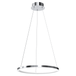 Lampa wisząca LED Hoop o mocy 27W w chromowanej obudowie. Posiada okrągły, płaski klosz z białym światłem, zawieszona na cienkich żyłkach. Prosta, nowoczesna konstrukcja, idealna do wnętrz. Ujęcie z przodu, na jasnym tle.