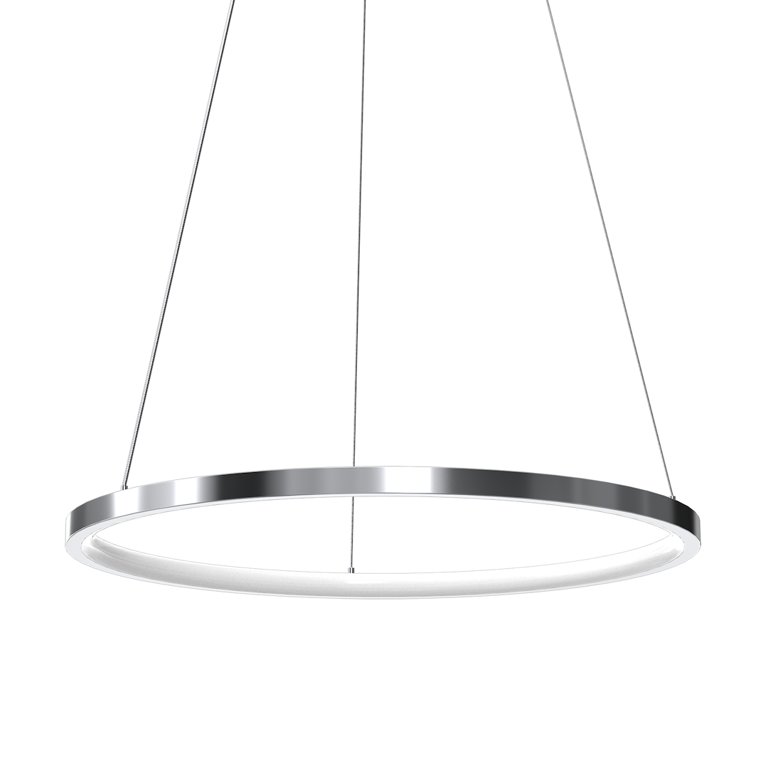 Lampa wisząca LED Hoop o mocy 27W w chromowanej obudowie. Okrągły kształt z cienką metalową ramą i białym, matowym kloszem. Zawieszona na cienkich linkach, prezentuje nowoczesny design. Idealna do współczesnych wnętrz.